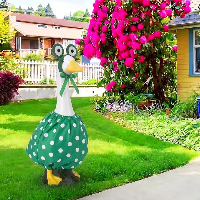 23" Porch Goose Outfit Frog Goose Dress Clothes with Crochet Frog Eyes Hood and Green Polka Dot Bubble Dress Costume for 23" Gooses Statue Decoration Patio Yard Garden Lawn Outdoor Decors