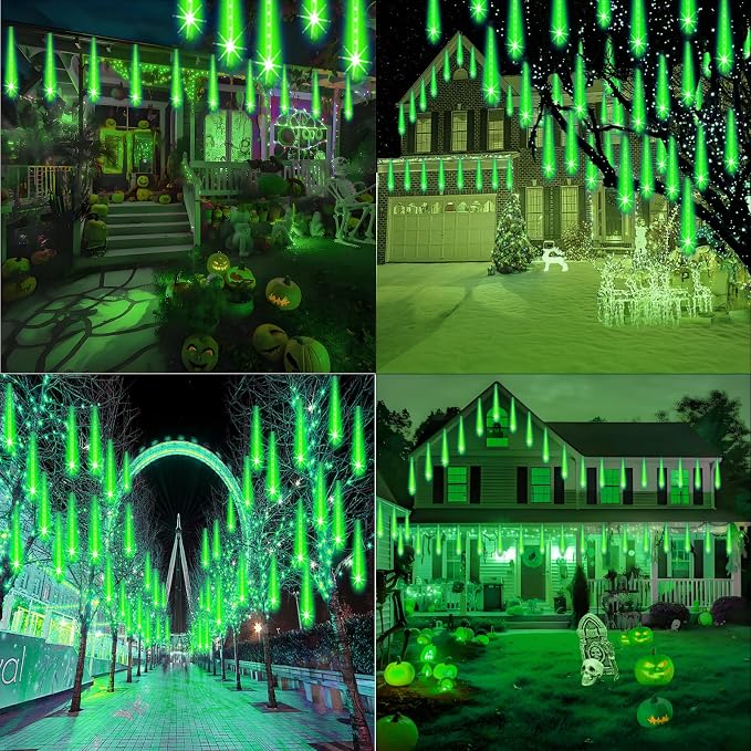 Weepong Halloween Lights Outdoor, Meteor Shower Christmas Lights for Halloween Decorations, 8 Tube 192 LED Snow Falling Rain Icicle String Light for Xmas Christmas Decor Tree Party, UL Plug Green