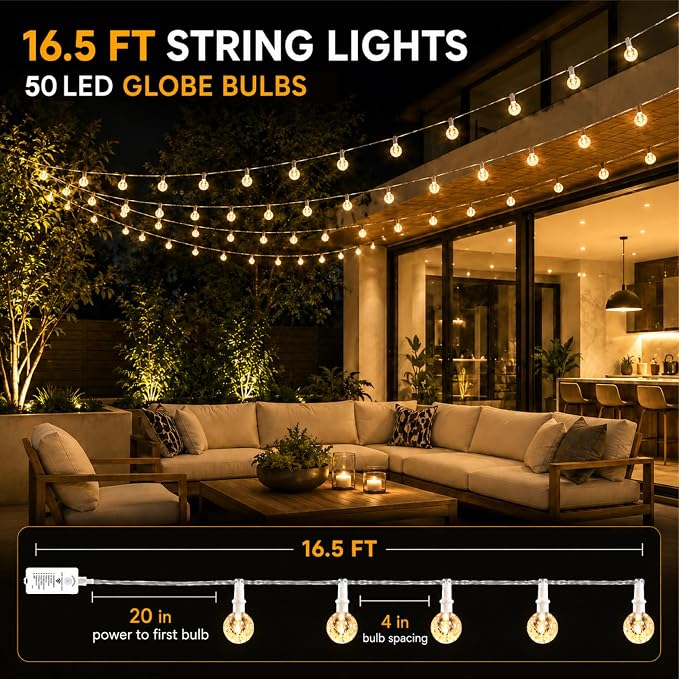 Crystal Globe String Lights 2500mAh Rechargeable Battery Operated | 16FT 50LED Outdoor Waterproof with Remote, Timer & 8 Modes, Fairy Lights for Yard Garden Patio Wedding Christmas (Warm White)