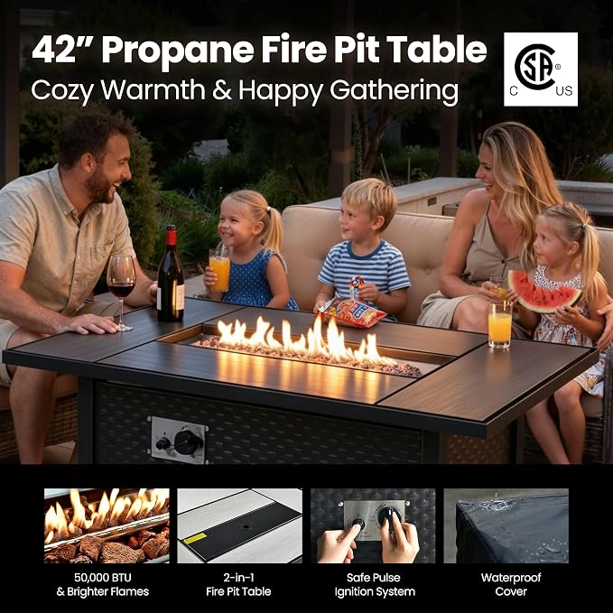 9-Piece Wicker Outdoor Sectional Furniture with Fire Pit, Wide Armrest Patio Couch Set Swivel Rocking Chair Ottoman Solar Table, Modular Conversation Sets for Backyard Deck Garden, Beige