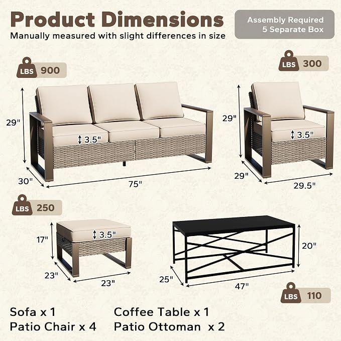 8 Pieces Metal Wicker Patio Furniture Set - 75" Sofa, Four Armchairs and Two Ottomans, One Coffee Table All Weather Rattan Outdoor Conversation Furniture with Washable Cushion for Deck, Beige