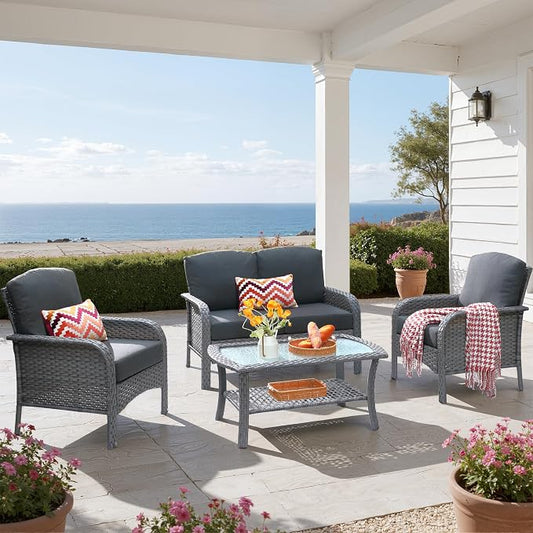 4 PCS Outdoor Patio Furniture Set with Glass Table, All-Weather Rattan Wicker Outdoor Conversation Set with Thickened Cushions for Balcony Backyard Garden Lawn,Black