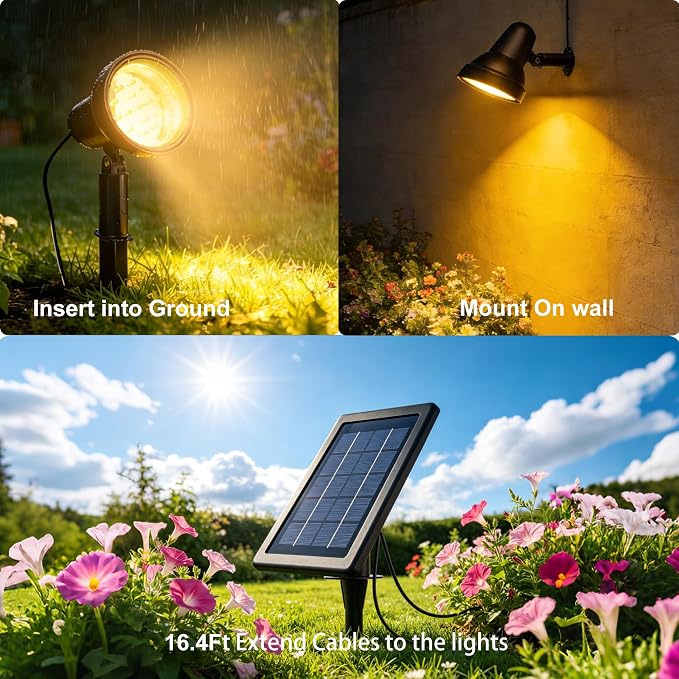 SUNLONG Solar Powered Spot Lights Outdoor Waterproof 2 in 1 Bright Solar SpotLights Power Adjustable for Flag Yard Flagpole Landscape Dusk to Dawn 2 x Spots Warm White