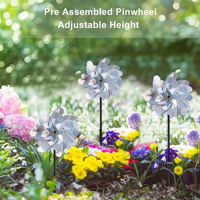 10 Pack Pre-Assembled Pinwheels for Yard and Garden, Silver | Wind Spinner Measures 19.7'' H x 6.8'' W, Reflective Surface Sparkles In Sunlight, Connect Stakes For Yard, Garden Or Lawn