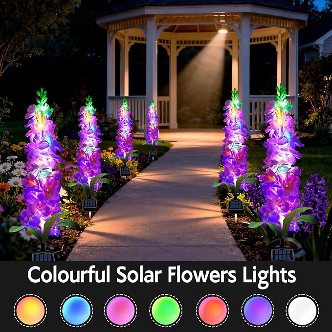 MRHEPHAESTUS Solar Garden Lights, Solar Purple Delphinium Flowers Lights 8 Pack 160 LEDs, Waterproof Outdoor Light Two Lighting Modes for Outside Wedding Party Garden Yard Patio Lawn Decor