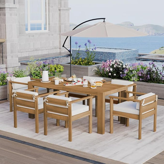 7-Piece Patio Dining Table Set for 6, Outdoor Furniture Sets with 70.8" Rectangle Table, Patio Table and Chairs Set with Removable Cushions for Backyard,Garden,Poolside (Light Teak@24)