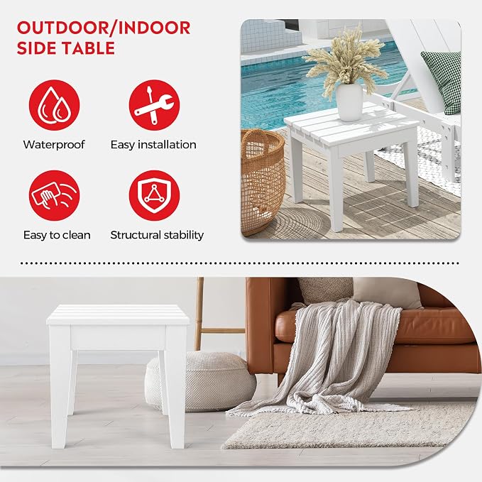 Costaelm Outdoor Patio Table and Chairs Set of 2, 2-Piece HDPE Garden Chair with Square Adirondack Side Table Set, Porch Chairs Coffee Table for Outside Porch Backyard, White