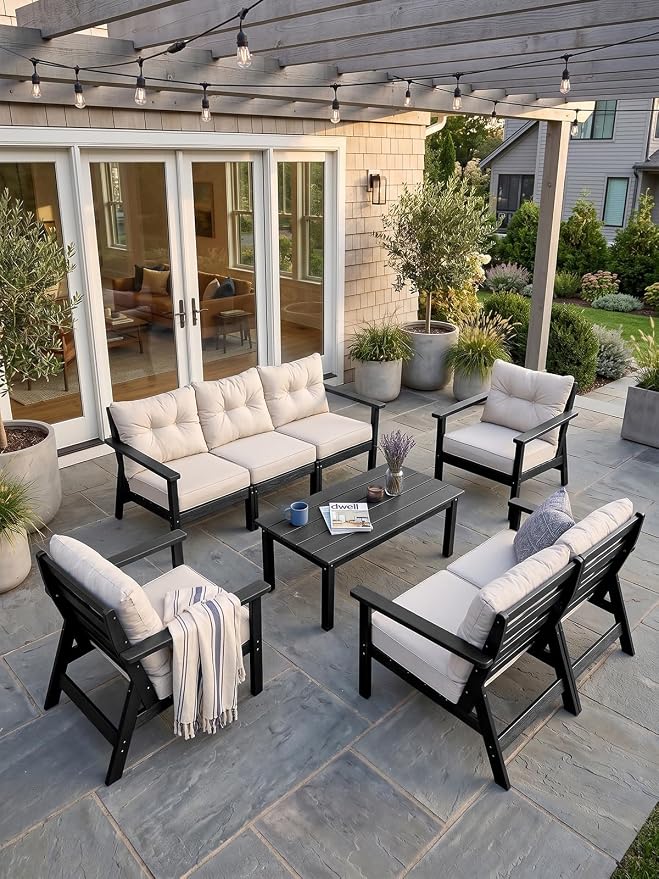 HDPE Patio Conversation Set 6 Seats, Outdoor Furniture Set, Patio Sofa Set | Water-Resistant Thick Cushion, HDPE All Weather, Wood-Grain, No Rot or Rust or Crack, UV Fade Shield, Easy-Clean for Outside
