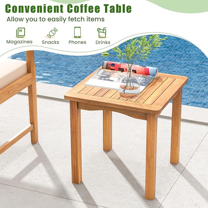 HAPPYGRILL 3 Piece Acacia Wood Patio Conversation Set, Outdoor Bistro Set with Cushions, Solid Wood Frame, 2 Armchairs & Coffee Table Set for Backyard, Porch, Poolside (Gray)