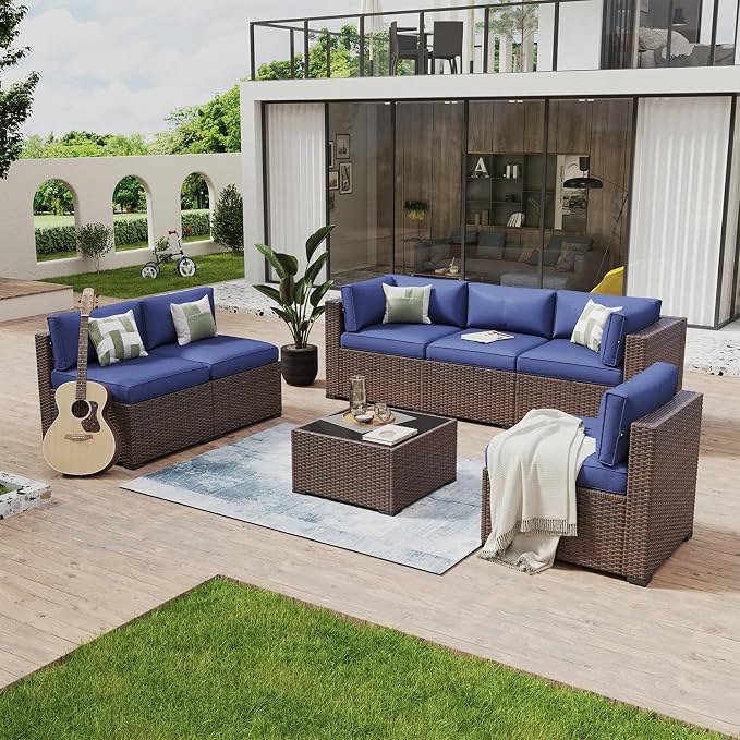 Aoxun 7 Piece Patio Furniture Set Wicker Rattan Patio Conversation Set Outdoor Sectional Sofa Set with Coffee Table and Thickened Cushions, Blue