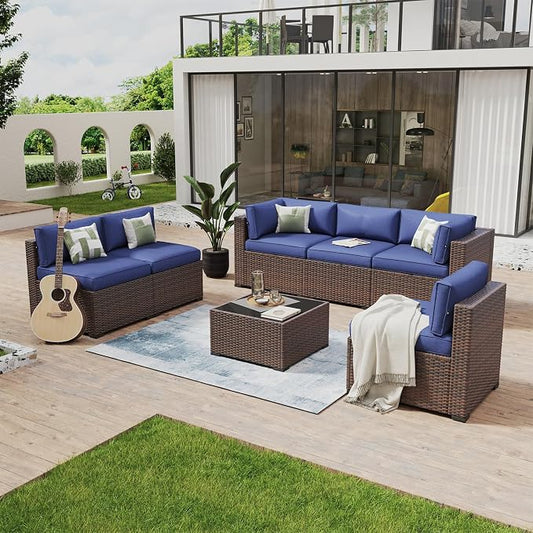 Aoxun 7 Piece Patio Furniture Set Wicker Rattan Patio Conversation Set Outdoor Sectional Sofa Set with Coffee Table and Thickened Cushions, Blue