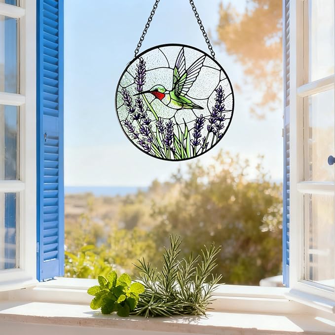 Hummingbirds Suncatcher Stained Glass, Hummingbird Suncatcher Ornament, Hummingbird Suncatcher for Grandma/Mom/Women (Purple Flower Bird)