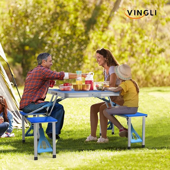 VINGLI 4Ft Portable Folding Picnic Table Camping Table Foldable Set with 4 Seats with Umbrella Hole Suitcase Card Table-220 Lbs Support Aluminum Frame, Plastic RV Tabletop for Yard, Travel-Green