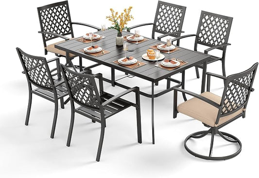 PHI VILLA 7 Pieces Outdoor Dining Set for 6, 59" Rectangle Wrought Iron Table with Umbrella Hole & Swivel Fixed Chairs with Cushions, Modern Metal Furniture for Patio, Deck, Yard, Porch
