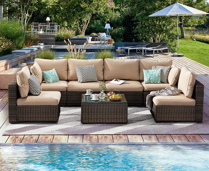 7 Pieces Patio Furniture Set, Rattan Outdoor Sectional Conversation Sets, All Weather Outdoor Furniture Set with Cushions for Garden Lawn Balcony Porch Deck Beige