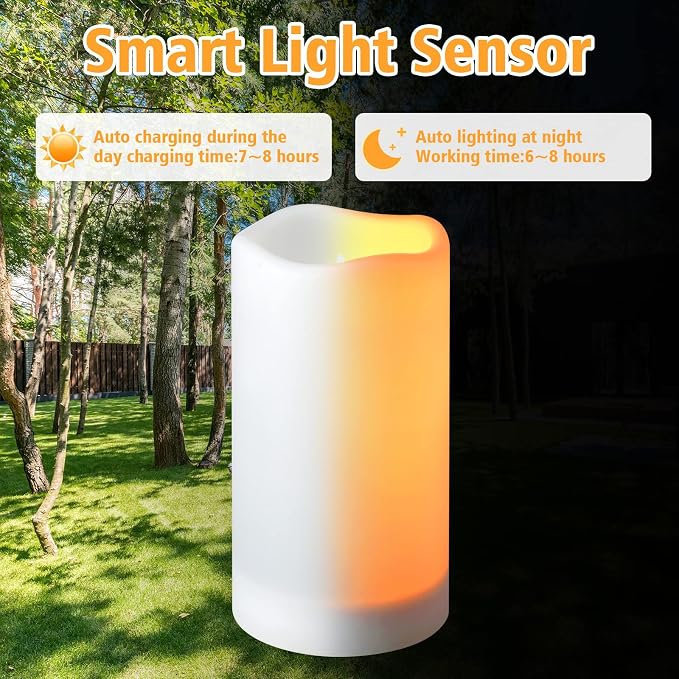YOROXRG Solar flameless Candles Outdoor Waterproof,Dusk to Dawn Outdoor Lighting, Flickering fameless Reusable LED Light Candles for Lantern Garden Camping and Home Decor, 3D Wick (3"X6") Set of 2