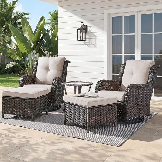 Belord 5 Piece Wicker Patio Furniture Set, Outdoor Swivel Rocker Chairs Set of 2 with Ottomans and Side Table, All Weather Patio Conversation Furniture Set, for Porch Pool, Brown Wicker/Beige