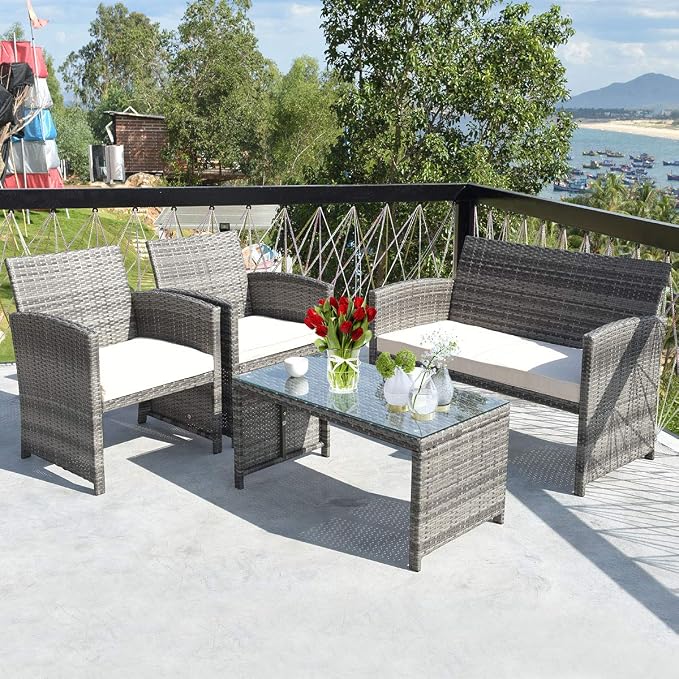 Outdoor Conversation Set, 8 Pieces Wicker Patio Furniture Set with Ergonomic Curved Design, Patio Chair Set with Water-Resistant Cushion & Tempered Glass Table for Backyard, Porch(Beige)