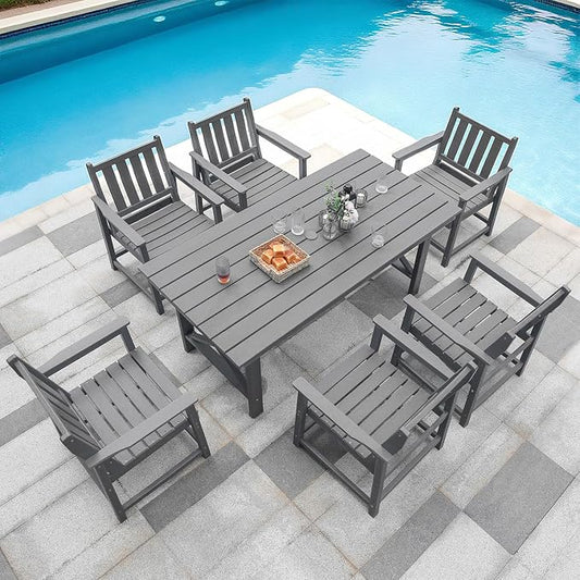 Outdoor HDPE Dining Table Set, 7-Piece Outdoor Patio Dining Sets with Umbrella Hole Cut-Out Table and 6 Chairs for Backyard, Deck, Garden and Poolside, Gray