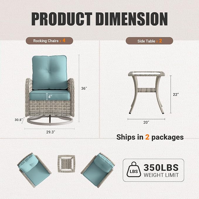 6-Piece Patio Rocking Swivel Chair Outdoor Wicker Rattan Bistro Set with Tempered Glass Side Table, Outdoor Patio Furniture Set for Garden, Deck, and Balcony, Light Blue