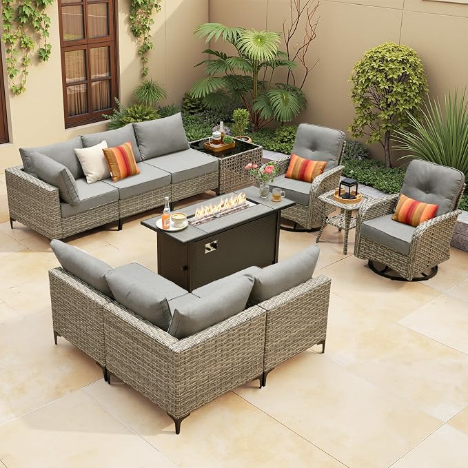 Outdoor Sectional Patio Furniture Set with Fire Pit Table,11 Pieces Rattan Wicker Conversation Sets L Shaped Couch,Out Door Furniture with Swivel Chairs Glowing Coffee Table,Dark Grey