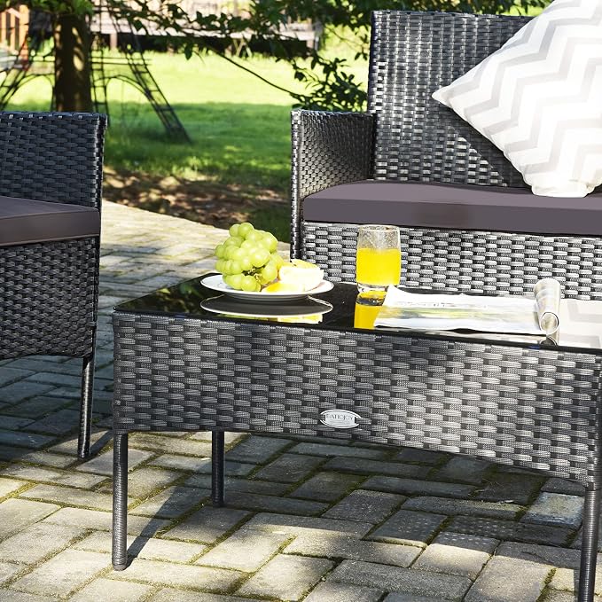 Tangkula 4 Pieces Patio Rattan Conversation Set, Outdoor Wicker Furniture Set with Tempered Glass Coffee Table &Thick Cushion, Rattan Chair Wicker Set for Garden, Lawn, Poolside and Backyard