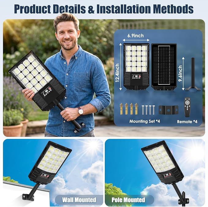 6-Pack Solar Street Lights Outdoor Waterproof, 6500K 24000LM LED Flood Lights with Motion Sensor, Dusk to Dawn Solar Light for Outside, Solar-Powered Security Lighting for Parking Lot Area Garage Yard