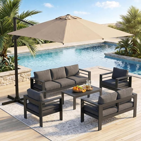 Wisteria Lane 6 Pieces Aluminum Patio Furniture Set with Umbrella, All Weather Oversized Outdoor Furniture Set with Deep Seat and Back Cushion, Patio Conversation Sets with Wide armrest, Gray & Kahki