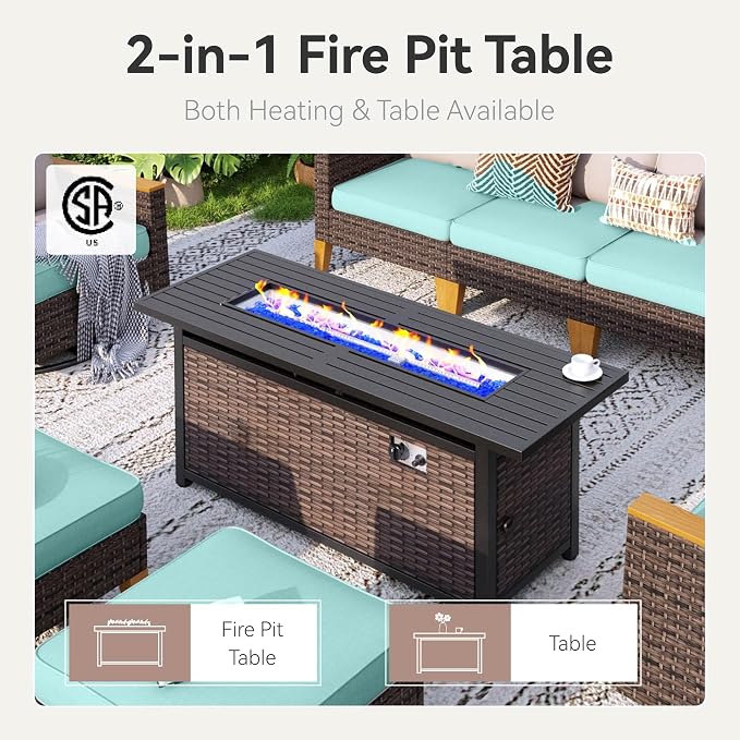 GREEN PARTY 7 Pieces Wicker Patio Furniture Set with 56" Fire Pit Table, All-Weather Outdoor Rattan Patio Sectional Sofa Conversation Set with 4" Thick Cushions for Backyard, 2 x Ottomans (Blue)