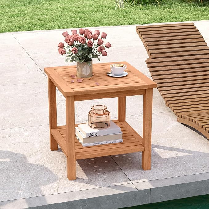 Tangkula Outdoor Side Table, 2-Tier Acacia Wood Square End Table with Slatted Tabletop & Storage Shelf, Indoor Outdoor Wooden Accent Bistro Patio Table for Backyard, Poolside, Garden, Natural (2)