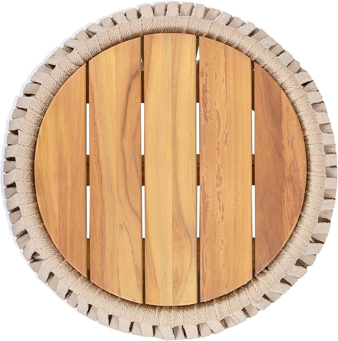 Outdoor Side End Table for Patio with Rope and Acacia Wood, Small Round Patio Table, Outside Boho Accent Table for Backyard Balcony Gazebo Party, Beige