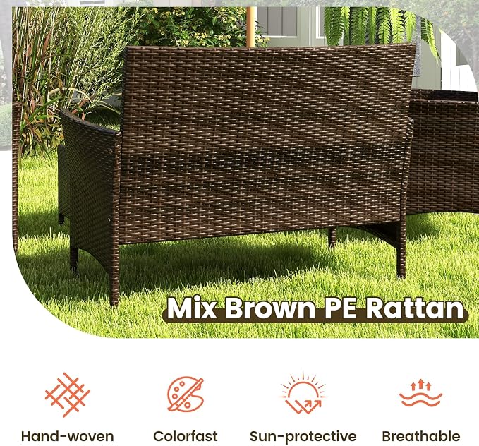 ORALNER 4 Pieces Patio Furniture Set, Rattan Chairs Loveseat with Soft Cushion and Glass Table, Outdoor Wicker Conversation Set for Balcony Garden Backyard Porch Poolside (Orange)