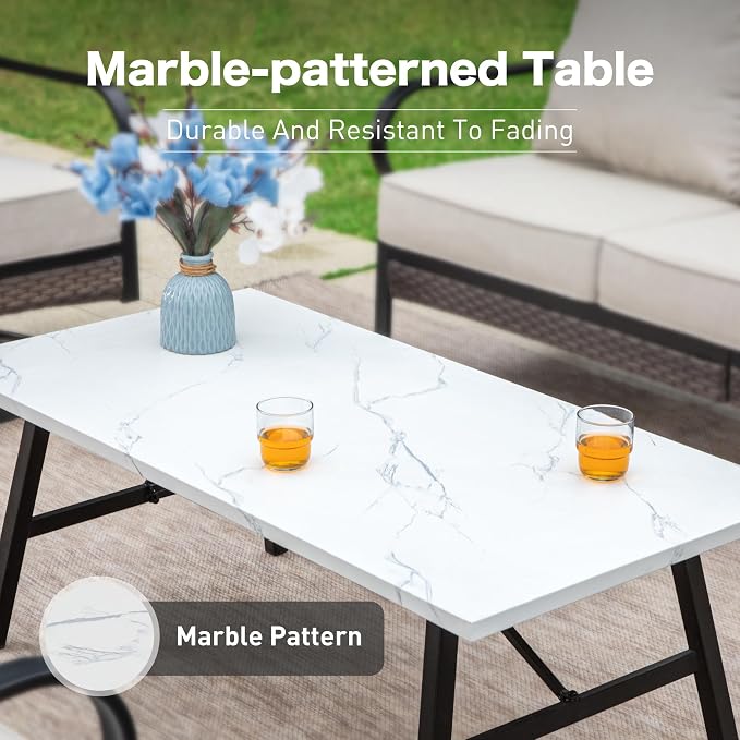 SUNSHINE VALLEY 4 Piece Metal Outdoor Patio Furniture Set, Patio Conversation Sets 1 3-Seater Sofa, 2 Chairs with 5.75" Extra Thick Cushion and Coffee Table, Black Frame Backyard Furniture, Beige
