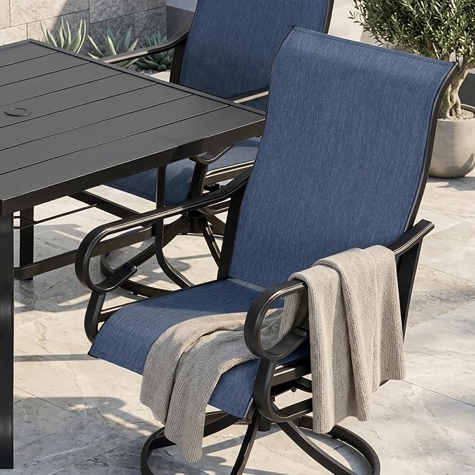 NUU GARDEN 5-Piece Breathable Textilene Outdoor Dining Set, Slatted Outdoor Table and Chairs with Swivel Base, All Weather Patio Furniture Set with Umbrella Hole for Backyard, Garden, Blue