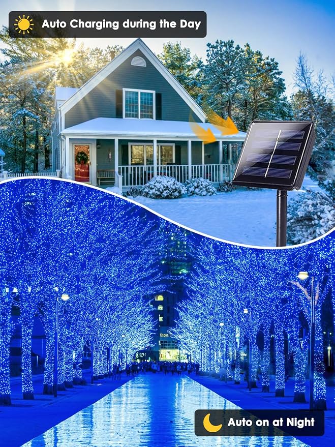 EEW Solar String Lights Outdoor 2 Pack 200 LED Solar Christmas Lights Blue | 8 Lighting Modes, Memory Function, Auto On/Off, 66FT Waterproof Twinkle Lights for Outside Patio Yard Xmas Tree Decorations