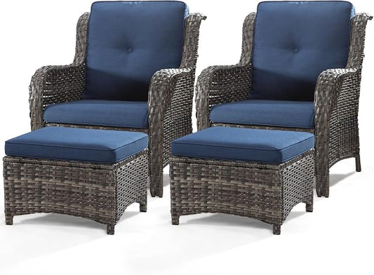 4 Pieces Outdoor Patio Furniture Set Wicker Chairs Set of 2 with Two Ottomans for Backyard, Porch, Balcony(Mixed Grey/Blue)
