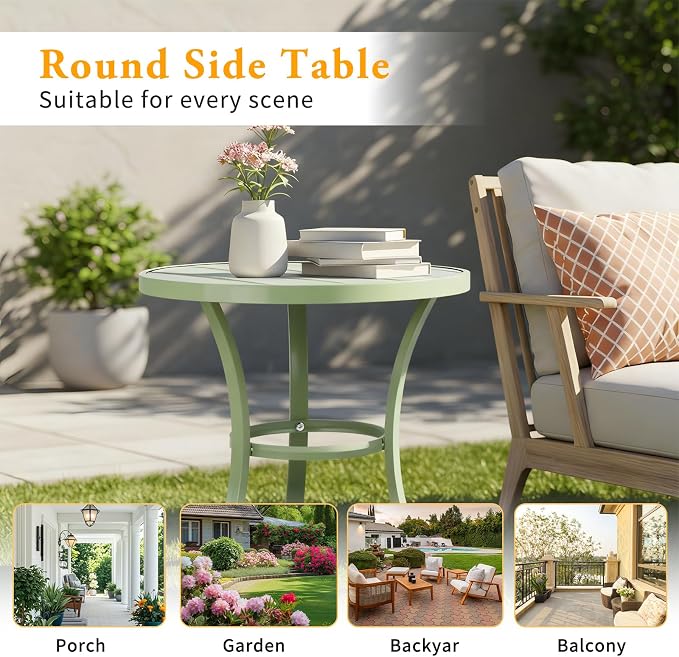 Outvita Outdoor Round Side Table, Small Metal End Table Black Coffee Table for Patio Lawn Garden Living Room Bedroom Sturdy (Single Layer, Light Green)