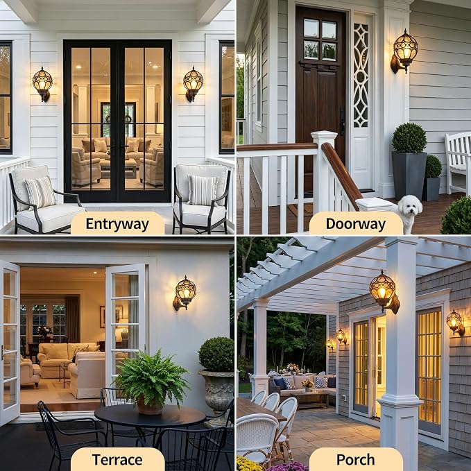 Black Globe Outdoor Wall Lights, Round Exterior Wall Sconce for Patio, Porch, Garage, Anti-Rust Aluminum Wall Mount Lighting Fixture, Classic Wall Lantern with Ornate Cage & Amber Glass, E26 Base