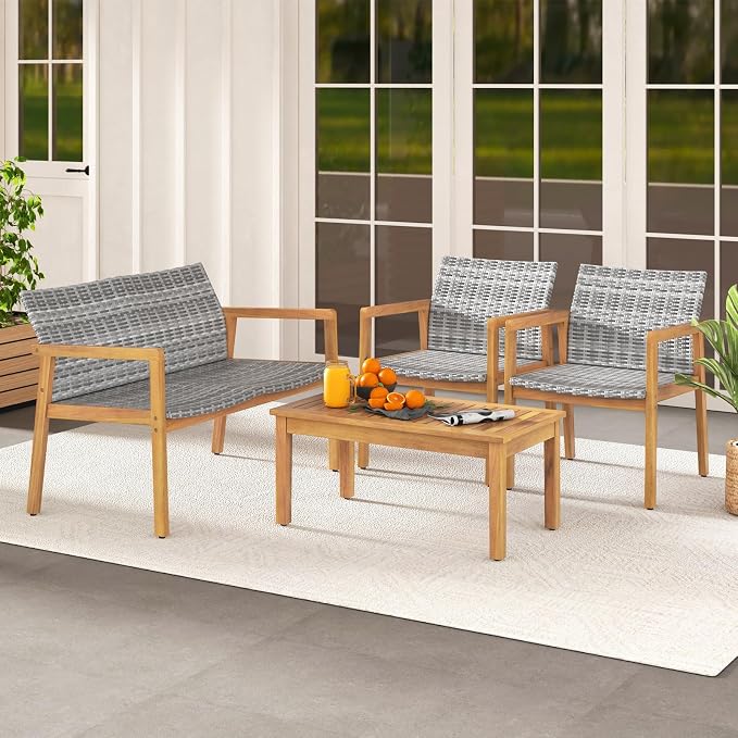 Tangkula 4 Pieces Outdoor Furniture Set, Acacia Wood Frame Sofa Set w/Rattan Seat & Back, Patio Conversation Set w/Coffee Table for Balcony, Poolside, Backyard (Mix Gray)
