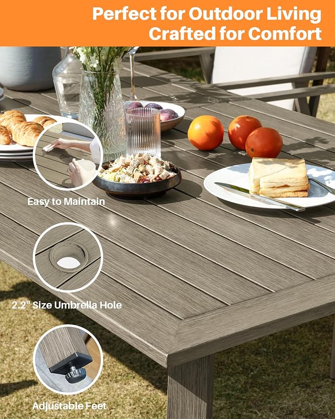 7 Pieces Outdoor Dining Set for 6, Never-Rust Aluminum Patio Swivel Dining Set with 2.2" Umbrella Hole, Outdoor Patio Furniture Set with 2 Swivel Chairs for Decks, Garden, Pool, Limed Oak