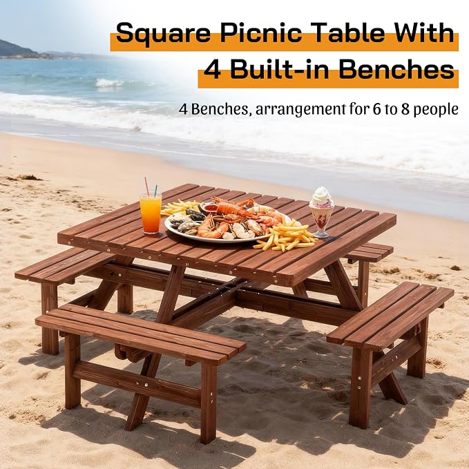 Wood Picnic Table Bench Set for 4-8 Person, Square Picnic Tables for Outdoor with Umbrella Hole and Benches, Outside Dining Table Patio Furniture Set for Garden, Backyard, Porch and Deck
