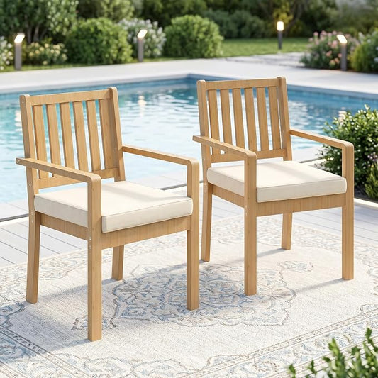 FansaFurn Acacia Patio Chairs Set of 2 for All-Weather, Solid Wood Outside Furniture with 3.1" Thick Cushions, Modern Outdoor Chairs for Backyard, Porch, Garden, Indoor Use, Brown