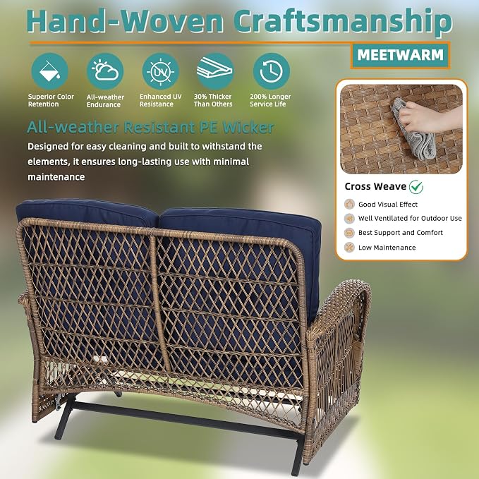 MEETWARM Outdoor Wicker Patio Glider Set, Loveseat for 2 Person Porch Furniture Glider with Glass-Top Coffee Table, Patio Glider Rocking Bench with Thickened Cushions, Navy Blue