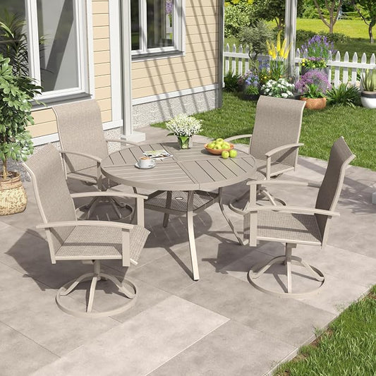 VICLLAX 5 Pieces Patio Outdoor Dining Set, 4 Swivel Textilene Chairs and 40.6" Round Metal Table with Umbrella Hole for Porch, Deck, Garden, Sandshell