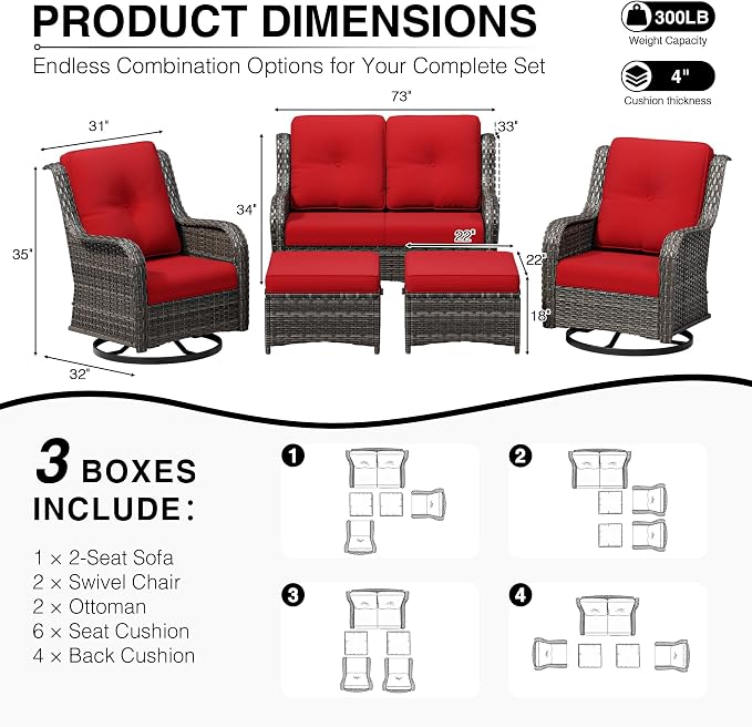 Joyside 5 Piece Wicker Patio Furniture Set, Outdoor Swivel Rocker Patio Chairs with High Back, Deep Seating, Wide Armrest, Thickened Cushions, Outdoor Furniture for Deck, Porch Use