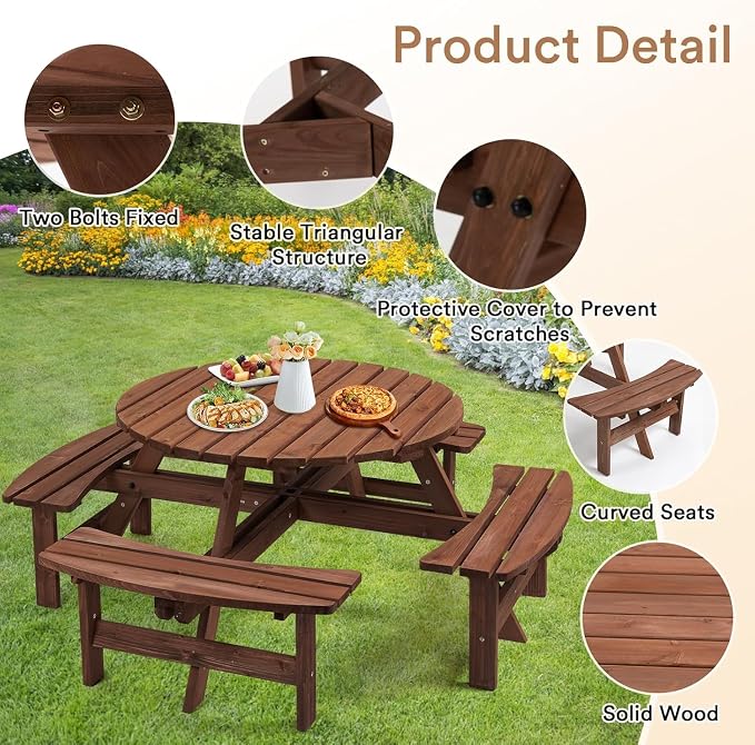 Zevemomo 8 Person Wood Picnic Table, Round Tabletop with Umbrella Hole, 4 Integrated Curved Benches, 2220LBS Overall Capacity for Patios, Backyard, Rustic Brown