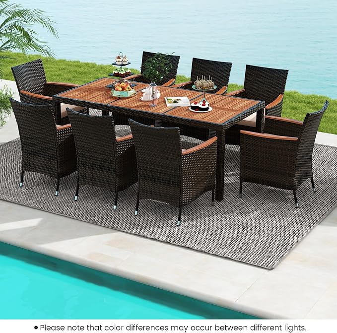 Tangkula 9 Pieces Outdoor Dining Set - Patio Wicker Furniture with Acacia Wood Table Top, Rattan Dining Table Chairs Perfect for Outdoor and Indoor