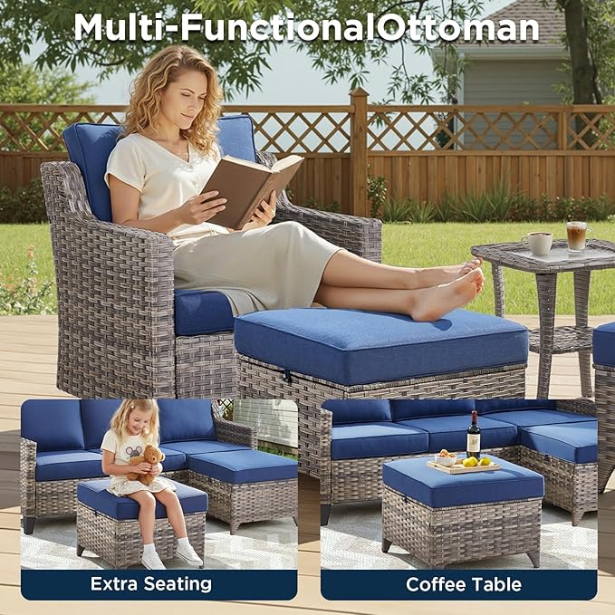 14 Piece Patio Furniture Set-High Back Outdoor Furniture Set Sectional Sofa with Wicker Swivel Patio Chairs,Comfy Cushions Ottomans for Porch Balcony Patio Deck Grey/Blue