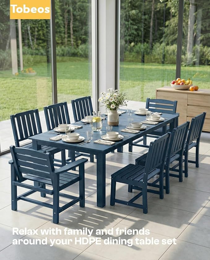 9-Piece Outdoor Dining Set with 15FT Umbrella for 8,Navy Blue | HDPE table, chairs included, aluminum frame, weather-resistant furniture, perfect for yard, lawn, garden, deck