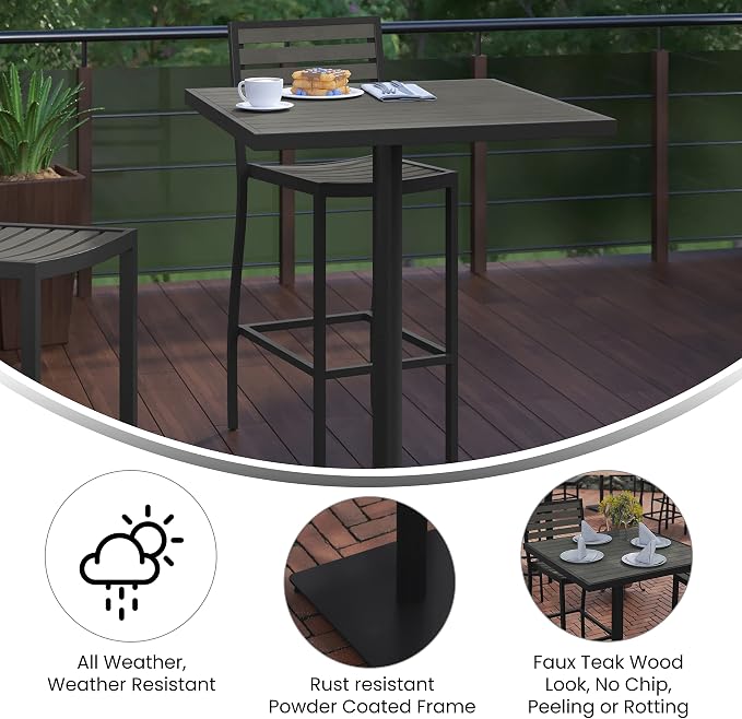 BizChair Commercial Grade Bar Height Patio Table, Indoor/Outdoor Bistro Table with Poly Resin Slats, 30" Square, Gray Wash